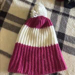 Cozy Pink and White Kids Pom-Pom Beanie